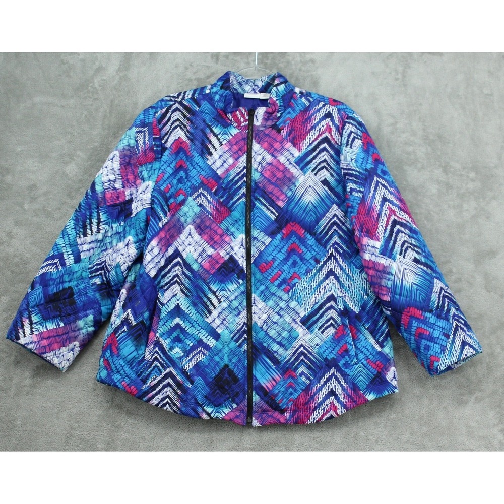 Weekends by Chicos Jacket Womens 3 US XL Quilted Full Zip Pockets Puffer Blue‎